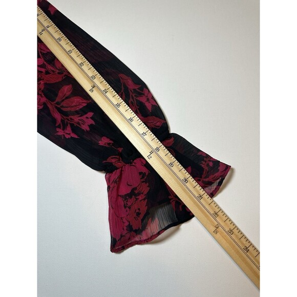 Roz & Ali Red Black Floral Whimsigoth Sheer Ruffles Long Sleeve Top Women SMALL - Picture 12 of 12